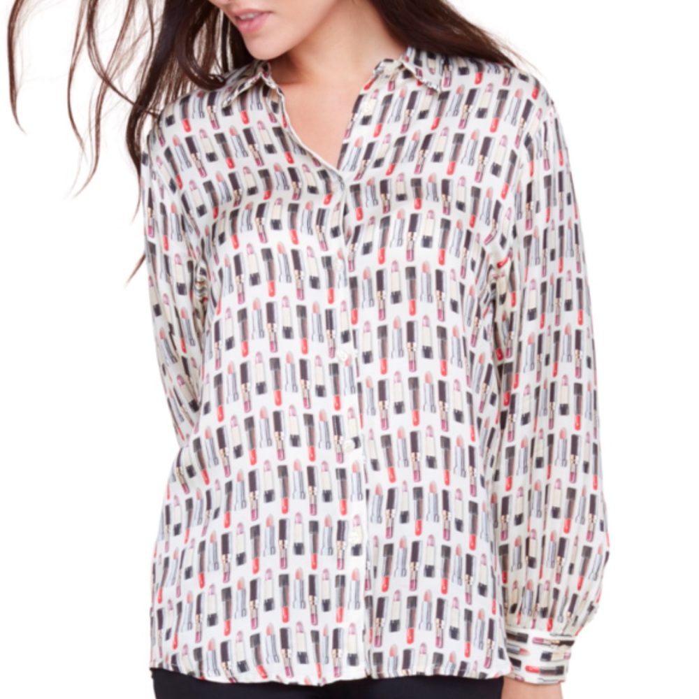RENUAR Women's L/S Graphic Lipsticks Novelty Hidden Button Blouse Size XL NEW